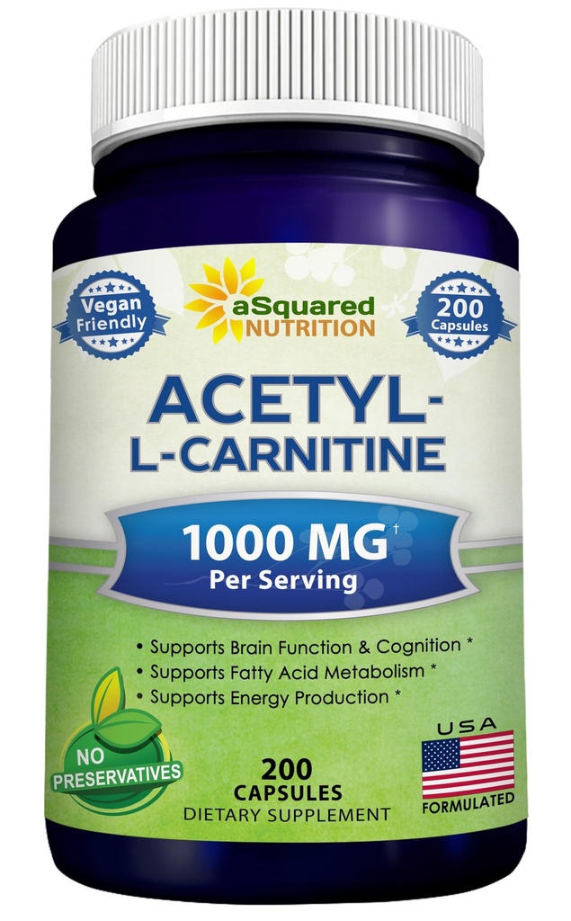 aSquared Nutrition Acetil L-Carnitine 1000mg Max Jakost - 200 Veggie kapsule - visok odmerek L Carnitine HCL (ALCAR) Dodatne tablete za podporo čiste energije, delovanje možganov in maščobne kisline