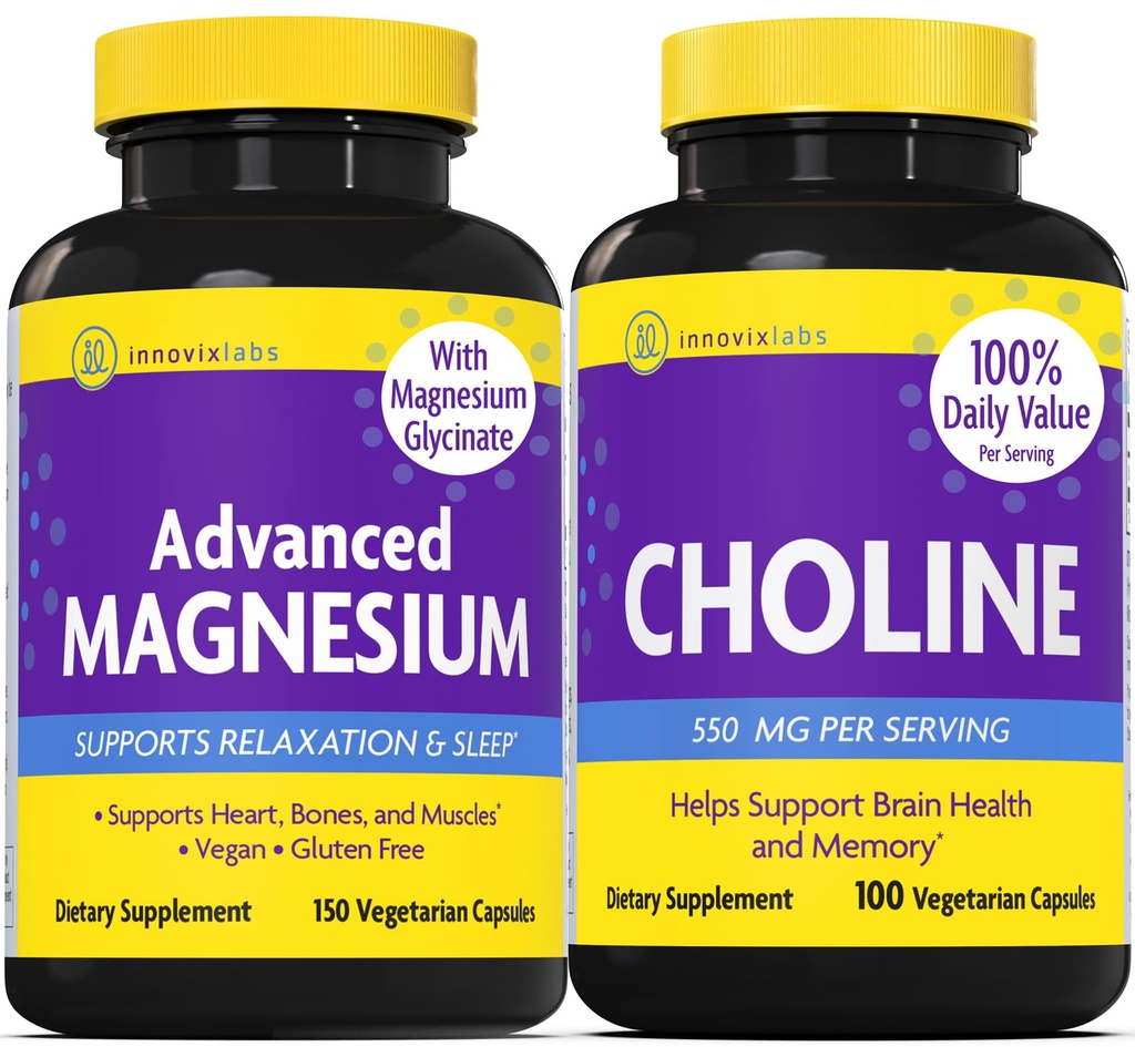 InnovixLabs Choline & Magnezij Bundle Choline Bitartrate 550mg (100 kapsul) Napredno Magnezij (150 kapsul). Podpira spomin, razpoloženje, zdravje možganov in krepitev kognitivne.*