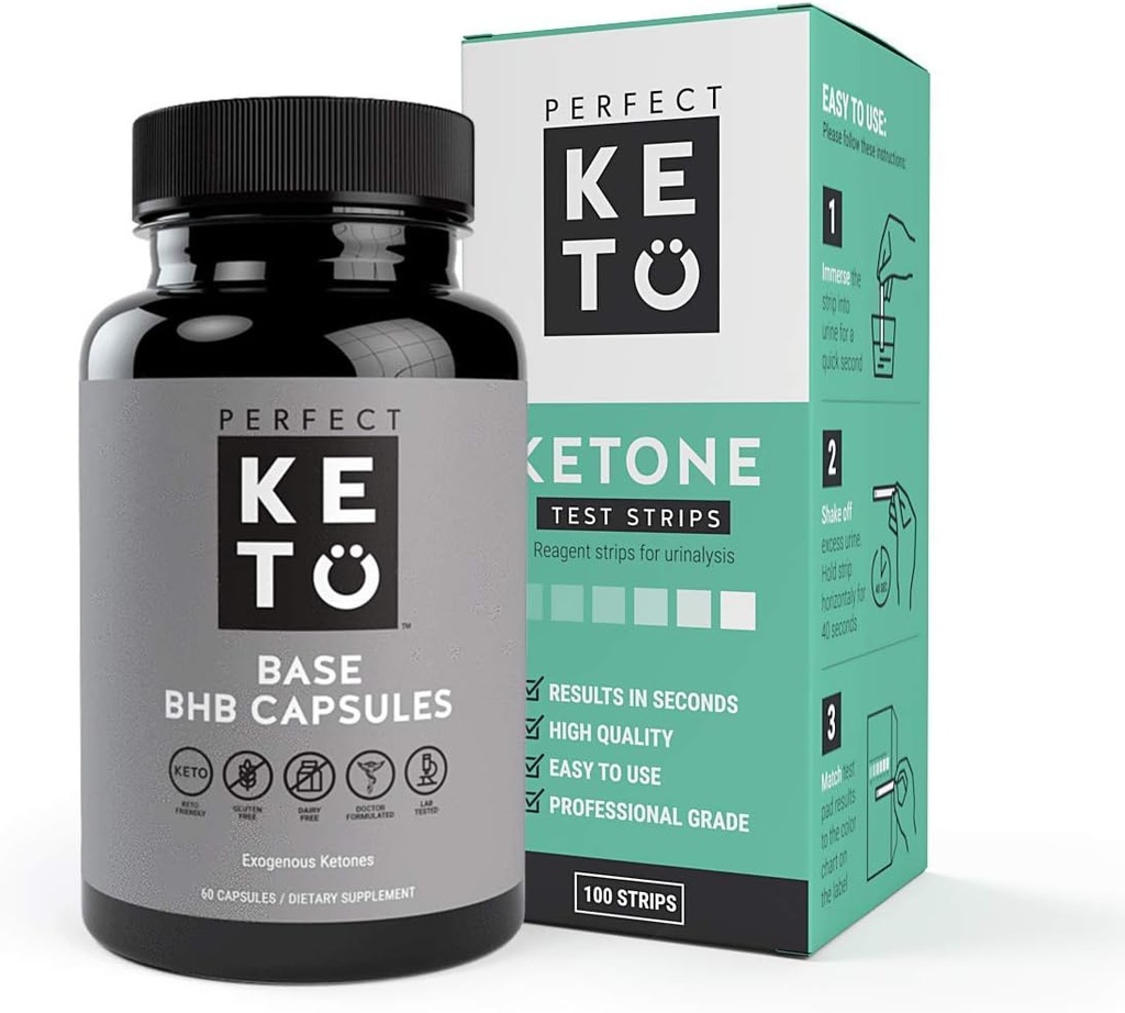 Perfect Keto Exogeneus Ketones Base BHB Supplement (60 kapsul) - Ketogene prehranska podpora Hujšanje, Energija & Fokus - Ketoza Beta-hidroksibutirat z (100 kosov) Keto Strips