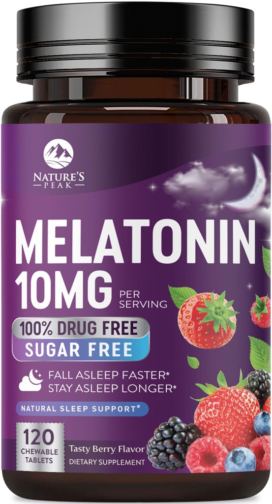 Melatonin 10 mg hitro raztopite dodatki, podpora za spanje za odrasle - dodatna moč 10 mg Melatonin tableta za mirno spanje, jagodni okus, Sugar-free Non-GMO - 120 dnevna oskrba