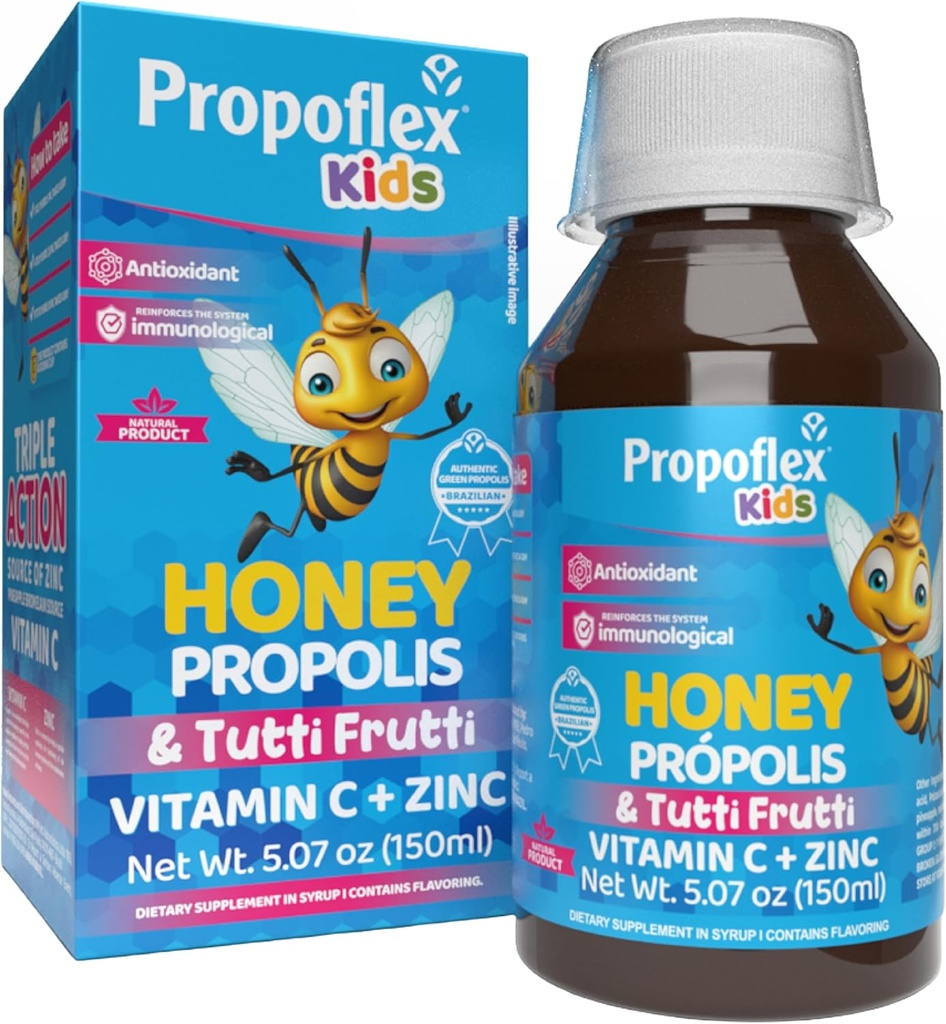 Beelife Bee Propolis Cough Syrup Kids- Triple-Action - Naravni Sirup, Brazilska Zelena Propolis, Cink, Bromelain, Vitamin C- Podpora Imuniteta in okrevanje - iz Brazilije, Tutti Fruit Flavor, 150 ml