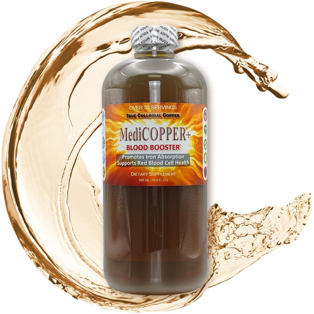 MediCOPPER® Plus Blood Booster True Coloidal Copper CuNP Nutritional dodatek - 500 ml v čisti plastični steklenici