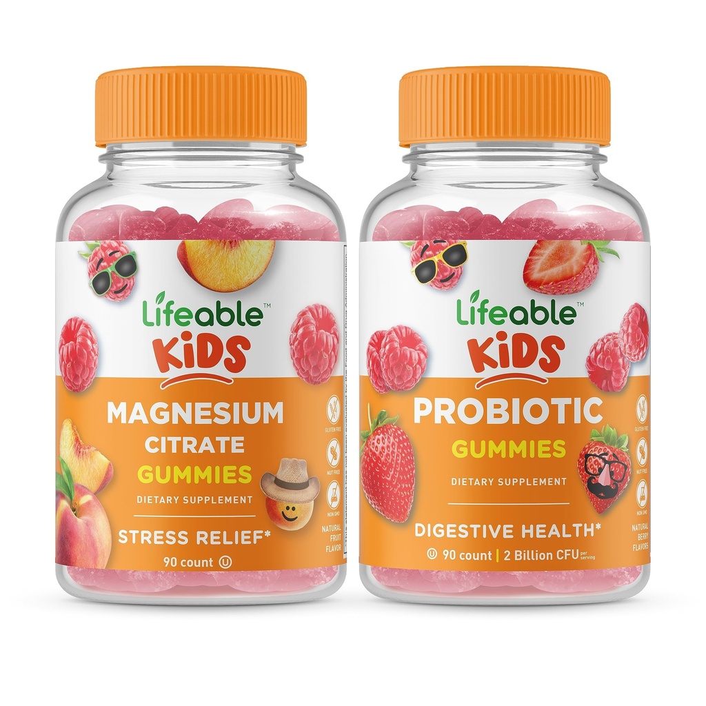 Življenjski magnezijev citrat Otroci + probiotik 2 milijarda CFU otroci, Gumies Bundle - odličen okus, Vitamin dopolnilo, Gluten brezplačno, GSO brezplačno, Žvečljivi gumi