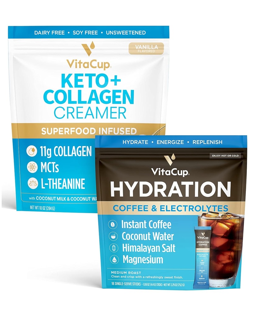 VitaCup Hydration Instant Coffee Sticks w/Electrolytes, Coconut Water, srednje pečen 18ct & Keto + Colagen Vanilla Coffee Creamer w/Superfoods & MCTs, 10 oz