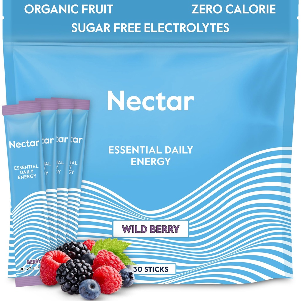 Nectar Energy Booster - Organic Caffeine, B12 & Electrolytes - Sugar Free & Zero Calorie – Healthy Coffee, Energy Drink & Soda Alternative – Hydration & Energy Supplement (Berry 30 Powder Packets)
