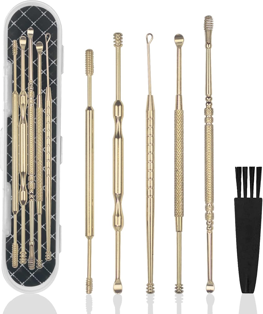 Hion 6 Pcs Extended uho Wax Odstranjevalni komplet,Professional dvoglavo Uho Pick Earwax Odstranjevalna orodja,316L Nerjaveče jeklo uho Čistilnik Curette s čiščenjem čopiča in shranjevalno polje,Uit za otroke odraslih (Zlato)