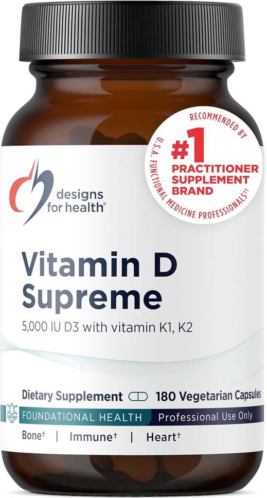 Designs for Health Vitamin D Supreme - Vitamin D 5000 i.e. z 2000mcg Vitamin K kot MK4 za zdravje kosti, zdravja srca, razpoloženja in imunske podpore - Vitamin D3 Okrepljeno z GG dodatek (180 Kapsule)