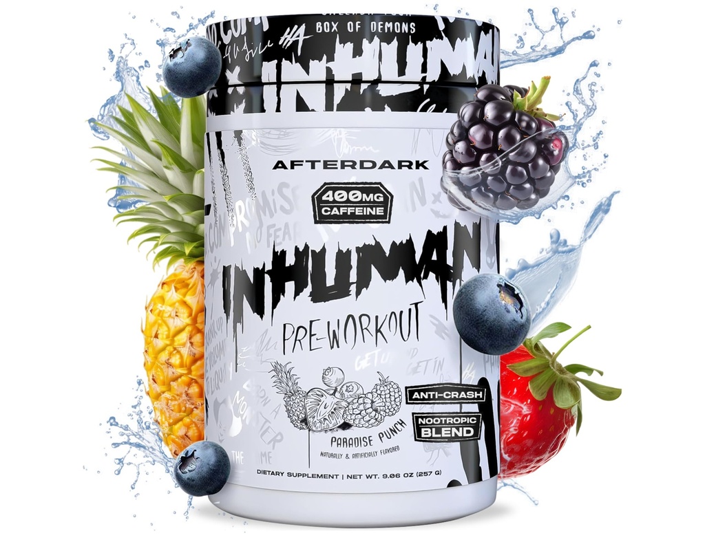 AFTERDARK INHUMAN pred treningom prašek, Izboljšana miselno-mišična povezava, Trajna energija, Močna nootropna mešanica, Vegan, Gluten-free, Soy-free, 400mg kofein, No Crash, Paradise Punch