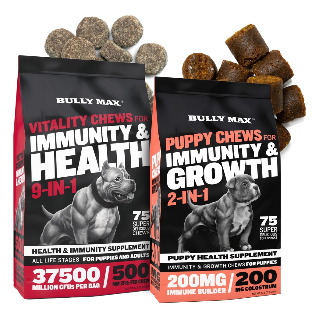 Buly Max Vitality Dog Chews in Kuppy Soft Chews paket za popolno podporo z dnevnimi vitamini za kužki in odrasli psi – vključno z imuno, skupno, kožo, plašč, Prebava, in razvojna podpora