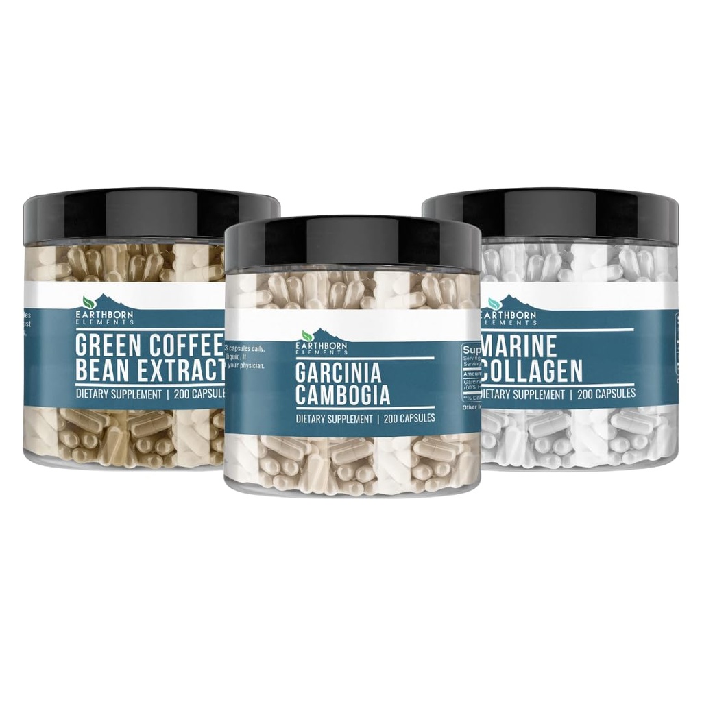 Elementi Zemljinega rodu Garcinia Cambogia, Zelena kava fižol, & Marine Collagen paket (200 kapsul vsak), čisto in nerazredčeno, brez dodatkov