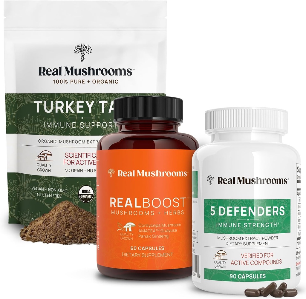 Real Gobe RealBoost (60ct), 5 Branilci (90ct) in Turčija Rep gobe v prahu in kapsule paket - Gobe dodatek za energijo, Vitalnost in imunske moči - Vegan, ne-GMO
