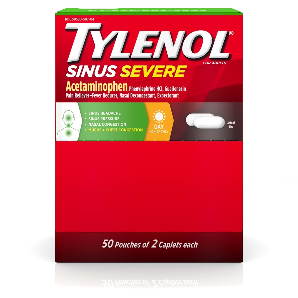 Tylenol Sinus Hude dnevne kapele z acetataminofen 325mg, Guaifensin 200mg & Phylephrine HCl 5mg, Neumiljive bolečine Reliever, Pričakovano & Nasal Decongestiv, 50 Potovalnih paketov po 2 ct