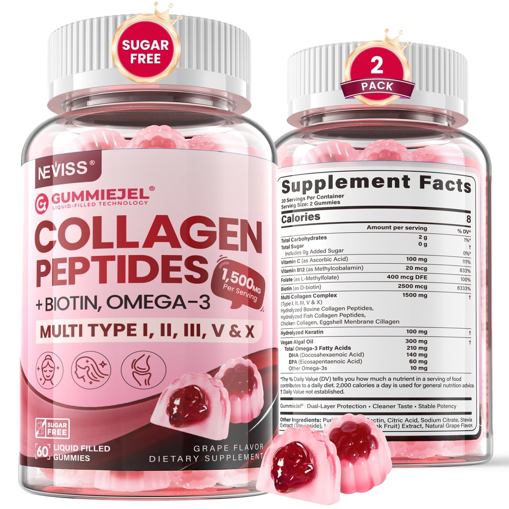Hidrolizirane kolagenske peptide, marinski gumiji za ženske, multikolagen tipa I II III V & X za rast las, zdrave kože nohti - kolagen Gummy w/hair vitamini Biotin Keratin & vitamin D3, 120Cts