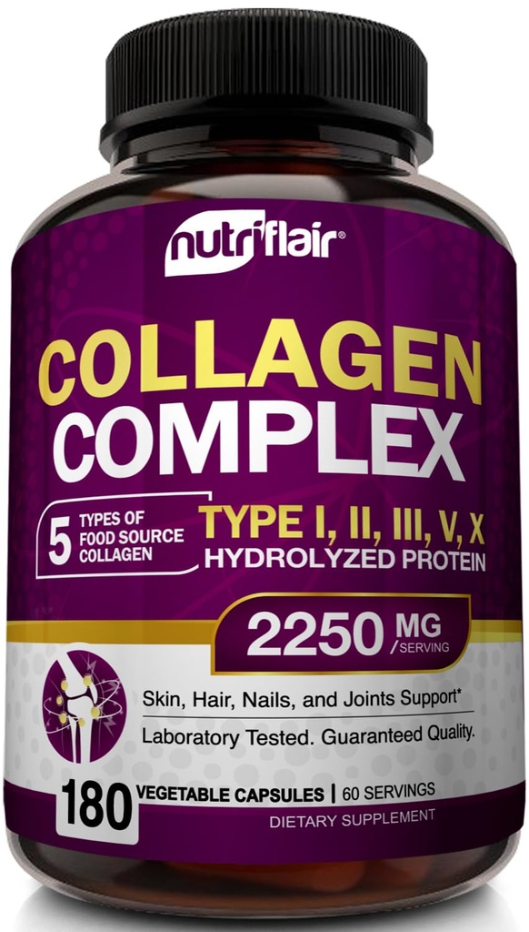 NutriFlair Multi Collagen Peptides 2250mg - Tip I, II, III, V, X - Kolagen dopolnila kompleksne tablete v prahu za ženske in moške - hidrolizirane beljakovine, zdrave lase, kožo, nohte - Ne-GMO (180 kapsul)