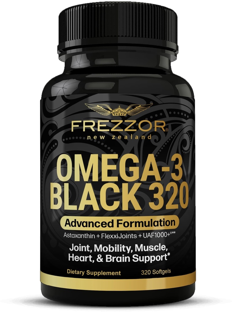 FREZZOR Omega 3 črne - zelene Kapsule mušjega olja, izdelane na Novi Zelandiji, UAF1000+, Joint Care & Relief, Heart & Immune Support, No Fishy Aftaste, 320 Število (Pack of 1)