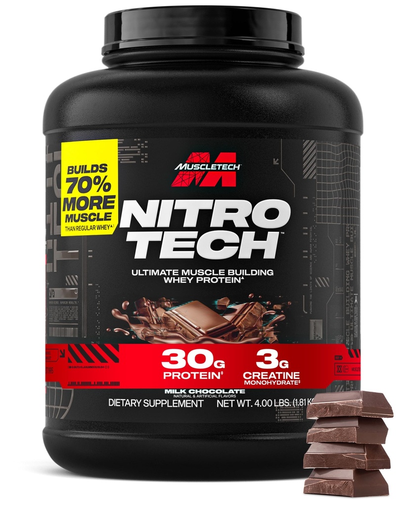 Muscletech Whey Protein Powder (mlečna čokolada, 4 funti) - Nitro-Tech Ultimate Muscle Building Formula z izolatom sirotkinih beljakovin - 30g beljakovin, 3g kreatina in 6,8g BCAA - pakiranje maj Vary