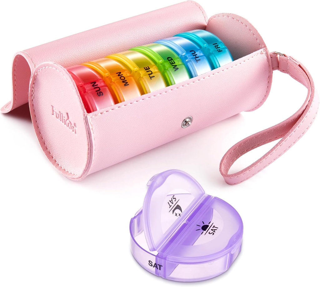 Fullicon PU Tedenske tablete Box Organizator 2 krat na dan, Potovanja 7 dan Tablete škatle, Prenosni Tableta Organizator za medicino, Medication, Vitamin, ribje olje dopolnila (Pink/Rainbow)