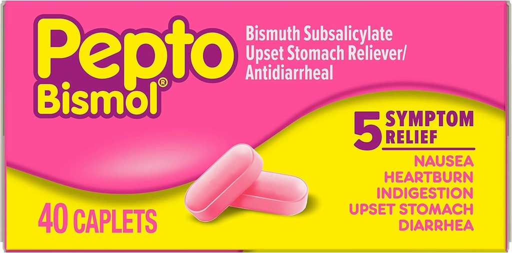 Pepto Bismol Kapleti za slabost, zgago, prebavne motnje, vznemirjen želodec in drisko, 5 Symptom hitro lajšanje v prijetni obliki, 40 ā