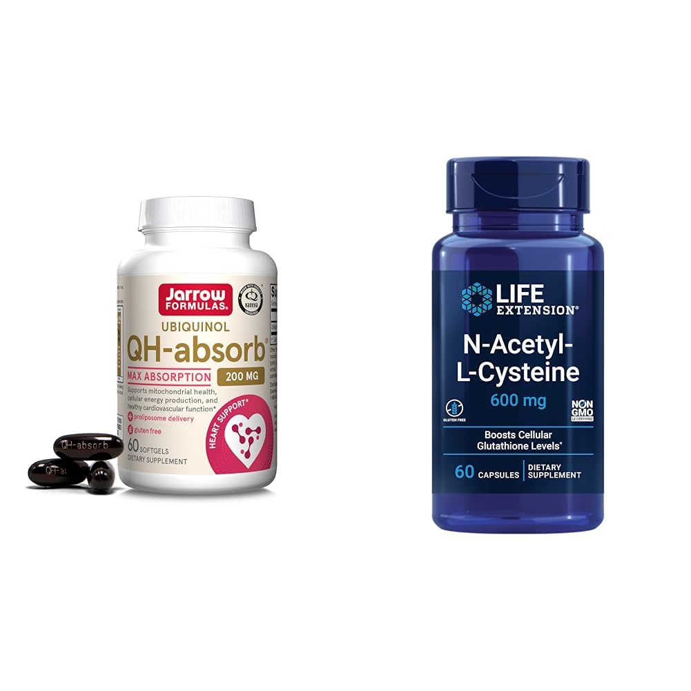 Jarrow Formule QH-Absorb 200 mg - Visoka absorpcija Co-Q10 - Aktivna antioksidantna oblika Co-Q10 & Life Extension N-acetil-L-Cystein (NAC), Imuna, dihala, zdravje jeter, NAC 600 mg