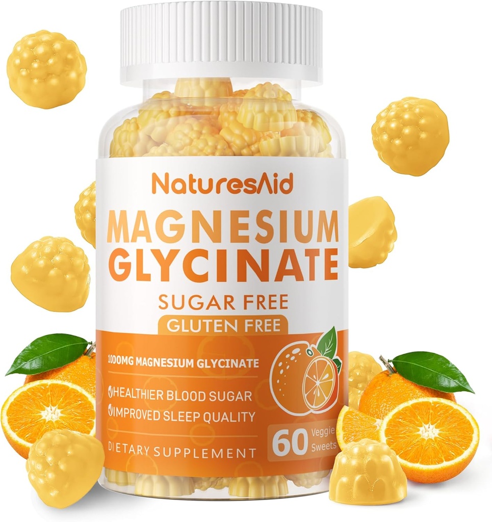 Magnezij Glicinat Gumies 1000mg - Brez sladkorja Magnezij Kalij dodatek z vitaminom D, B6, CoQ10 za mirno Mood in podporo za spanje - 60 Orange Gumies -1 Pack