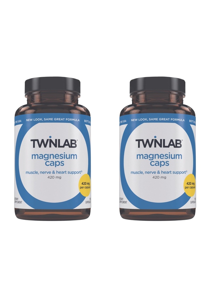Twinlab Magnezijeve kapice - visoka absorpcija Magnezijev dodatek v podporo Leg Cramps Relief - Magnezijeve kapsule za pomoč pri stresu, 420 mg, 100 Število, 2 pakiranji