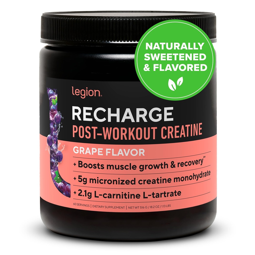 LEGION Recharge Post Workout dodatek - All Natural Muscle Builder & Recovery Drink z mikroniziranim kreatin monohidrat. Naravno sladkano in okusno, varno in zdravo. (Grape, 60 Serving)