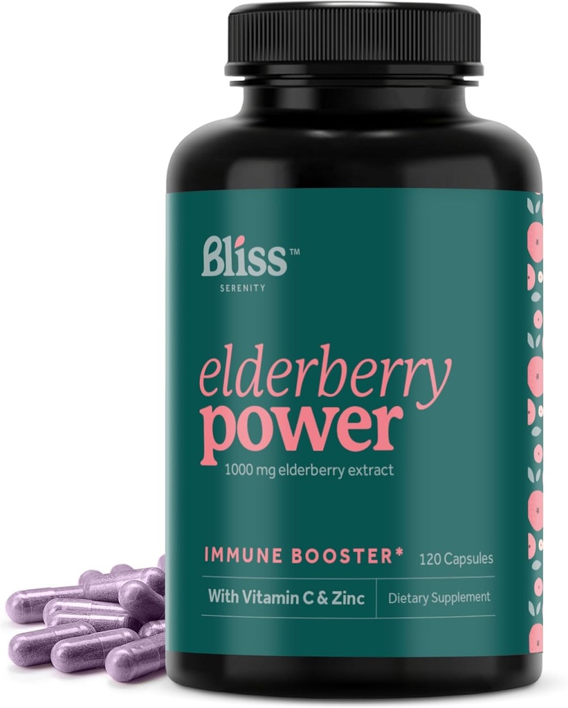 Bezgove jagode z cinkom in vitaminom C za odrasle - Sambucus Elderberry kapsule - 1000 mg ekstrakt, Imunska podpora dodatek za ženske in moške, z antioksidant sadne mešanice, 120 Vegcaps, 60 dnevna zaloga