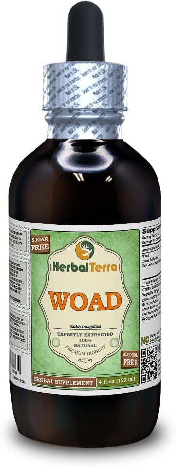 Woad (Isatis Indigotica) Glicerit, posušeni listi brez alkohola tekoči ekstrakt (Brand Name: HerbalTerra, Proudly Made in USA) 4 fl.oz (120 ml)