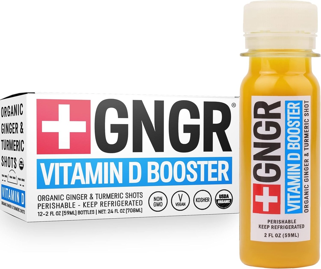 +GNGR Vitamin D Booster – Tropical Immunity Booster Edition Cold-Presed Ginger Shot z Ananas, Passion Fruit, Orange, Kurkuma & Vitamin D3. Mood, Immunity & Energy. 2 fl oz (Pack of 12)