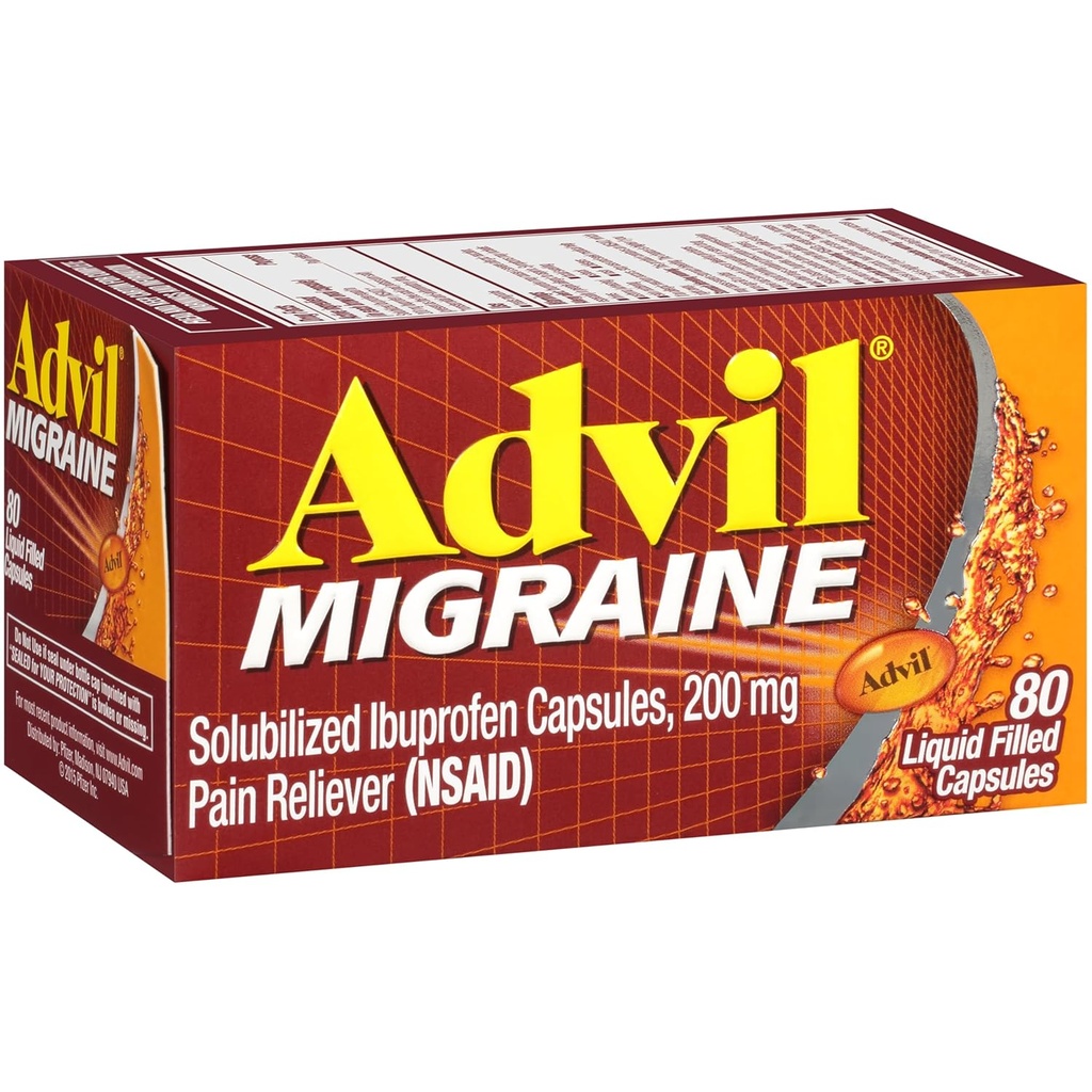 Advil Migraine Pain Reliever, Solubilized Ibuprofen 200 mg, 80 Število, Tekoča napolnjena kapsule, Močan migrena olajšava