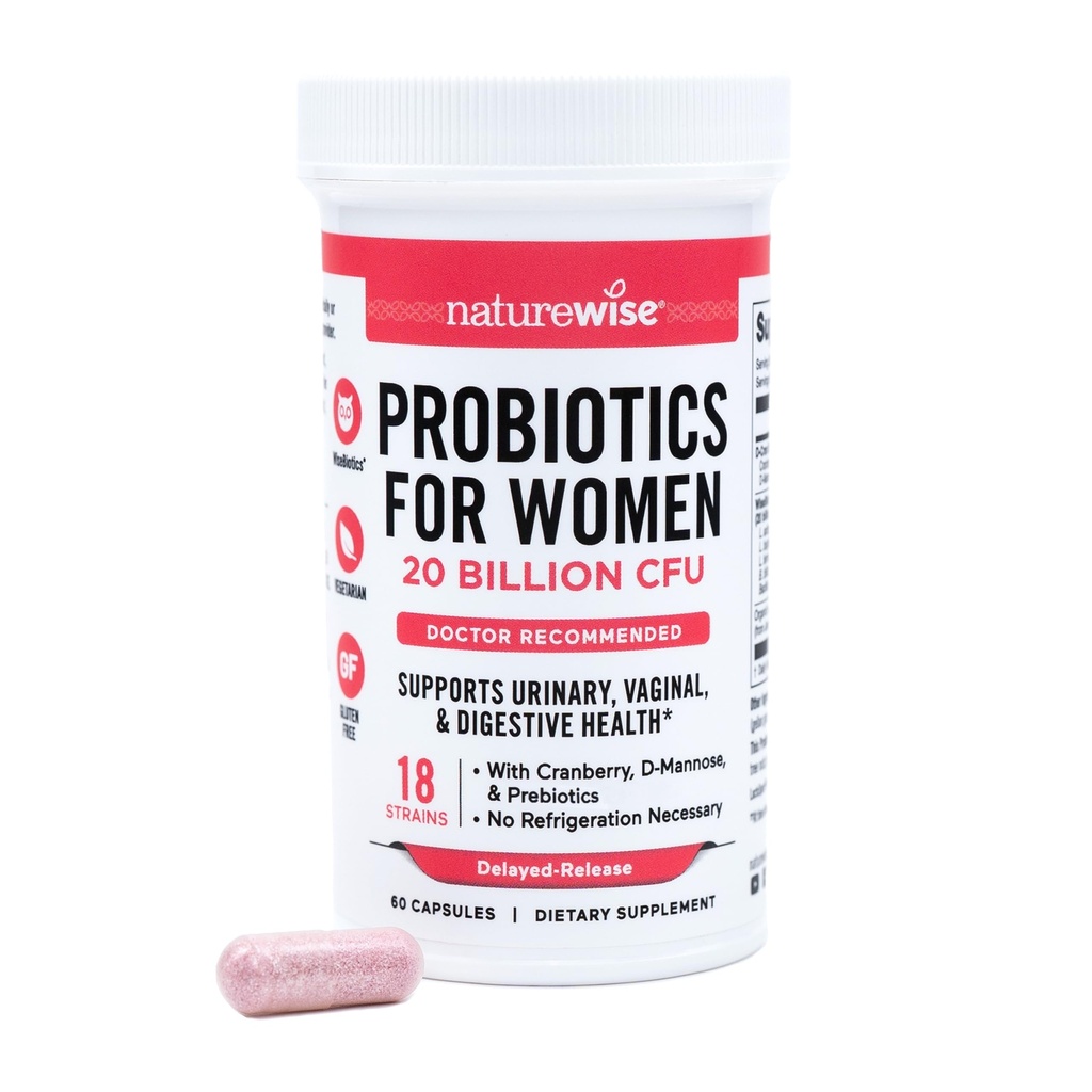 NatureWise probiotiki za ženske + organski prebiotiki D-manoza in brusnica - vaginalni probiotiki za PH Balance, Prebavni in sečni trakt - 18 sevov, 20 milijard CFU - 60 kapsul[60-dnevna zaloga]