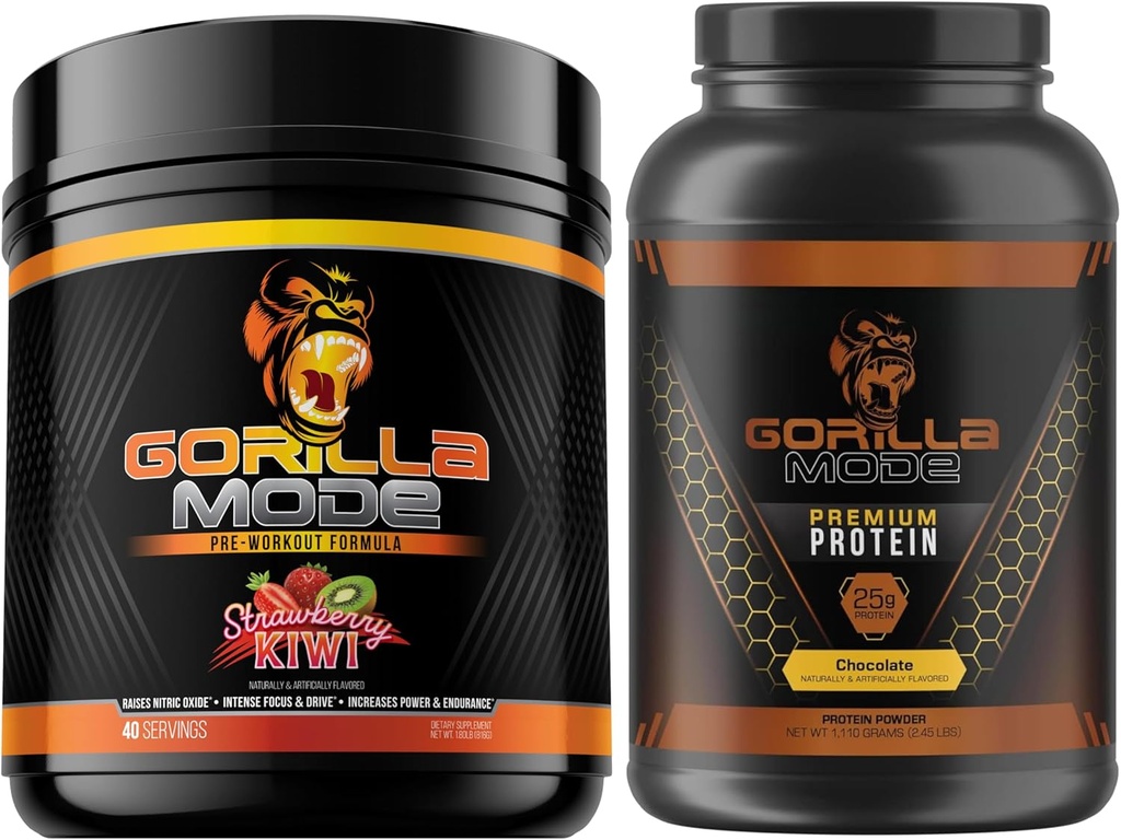 Gorilla Mind Pre Workout (Strawberry Kiwi) + Premium Whey Protein (Chocolate) - Celovit sklop za gorivo maksimalni rezultati