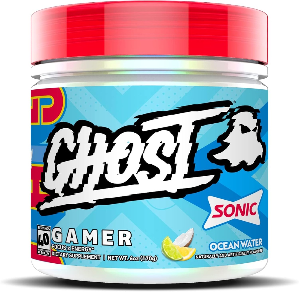 GHOST Gamer: Energy and Focus Support Formula - 40 Servings, Sonic Ocean Water - Nootropics & Natural Caffeine za pozornost, Natančnost in odziv čas - Vegan, Gluten-free