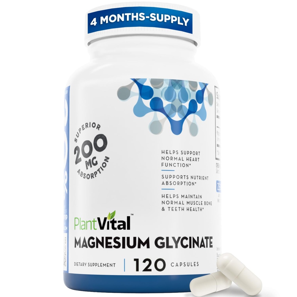 PlantVital Magnesium Glycinate 200mg, Normal Heart Health - 120 Capsules