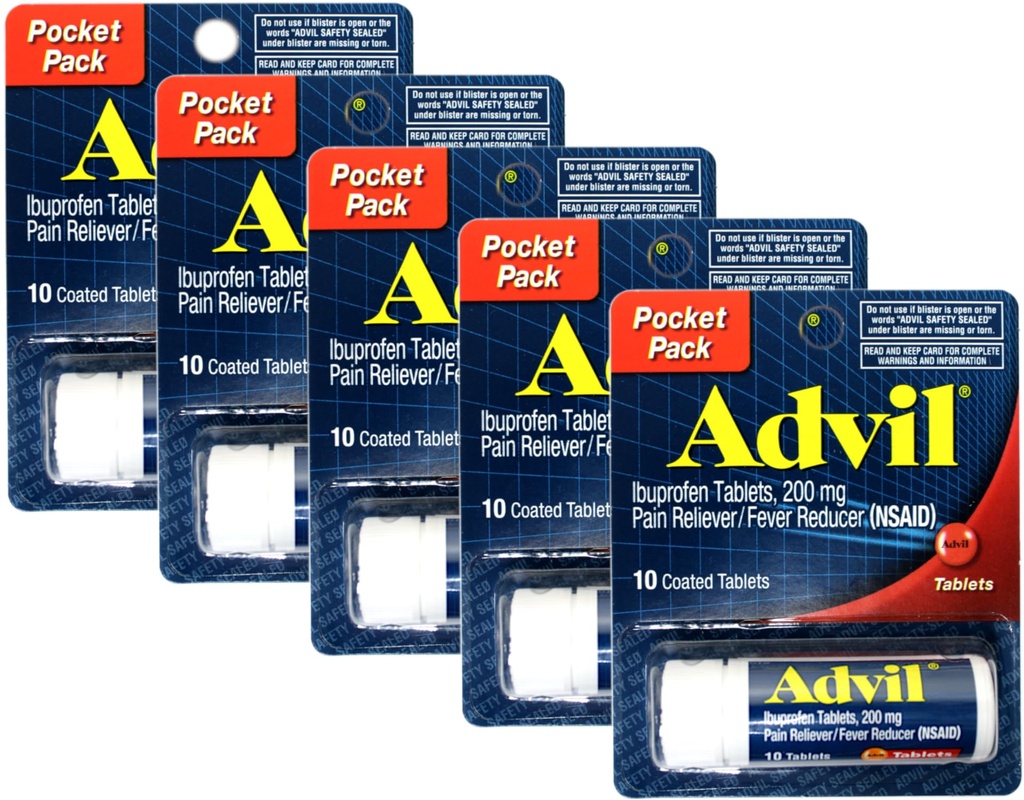 Advil Ibuprofen 200 mg (NSAID) žepno pakiranje, 10 obloženih tablet (paket po 5)