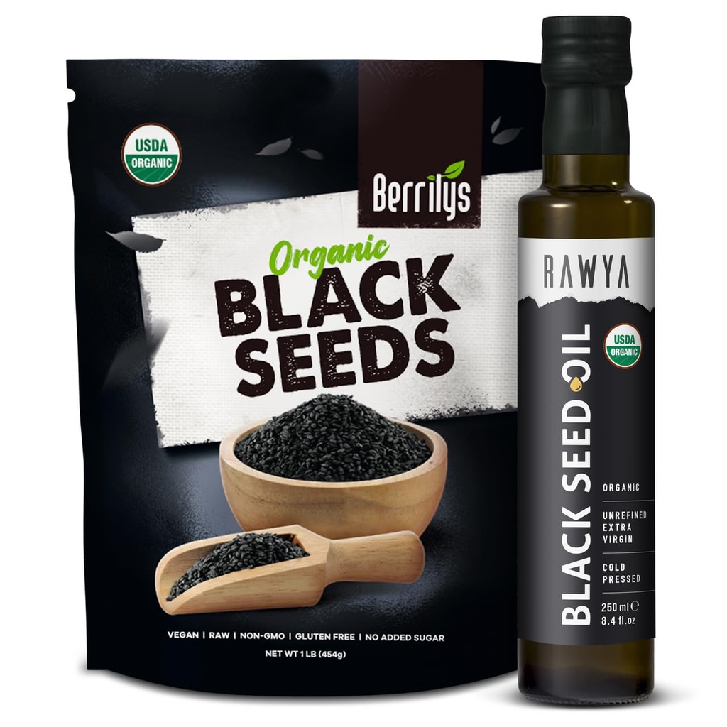 RAWYA črna semena + črno seme olje - USDA Organic Certified, hladno stiskano, Nigella Sativa, Cumin Seme olje, Kalonji, Premium kakovost, visoko Thymokinon, Pure & Natural, 8,4 Oz + 16 Oz semena