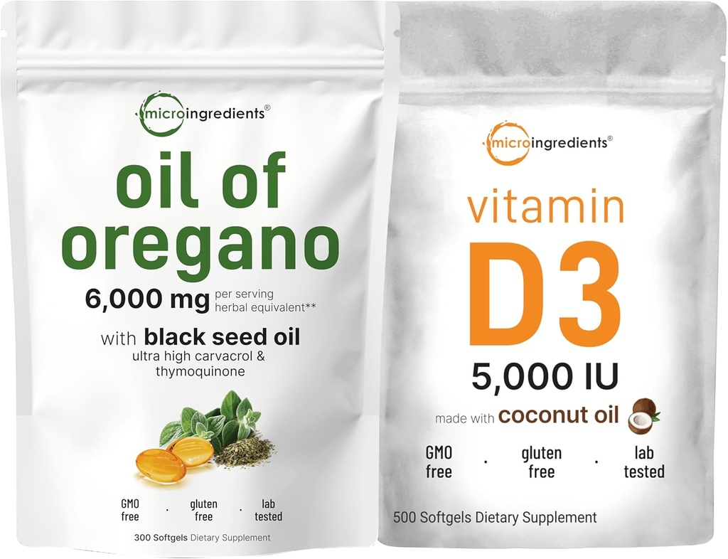 Mikro sestavine Olje origano softgels 6.000mg na serviranje in vitamin D3 5.000 i.e. paket paketa 