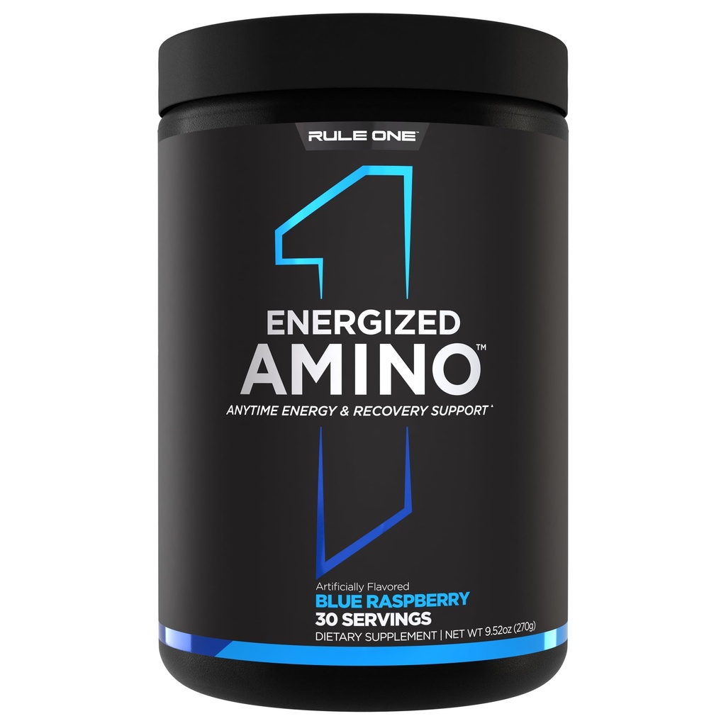 Pravilo 1 Proteini Energirani Amino – Kadarkoli Energy and Recovery Support with BCAAs, Glutamin, Citrulin, Beta Alanin, Kofein iz ekstraktov zelene kave in čajnega lista (Modra malina, 30 Serving)