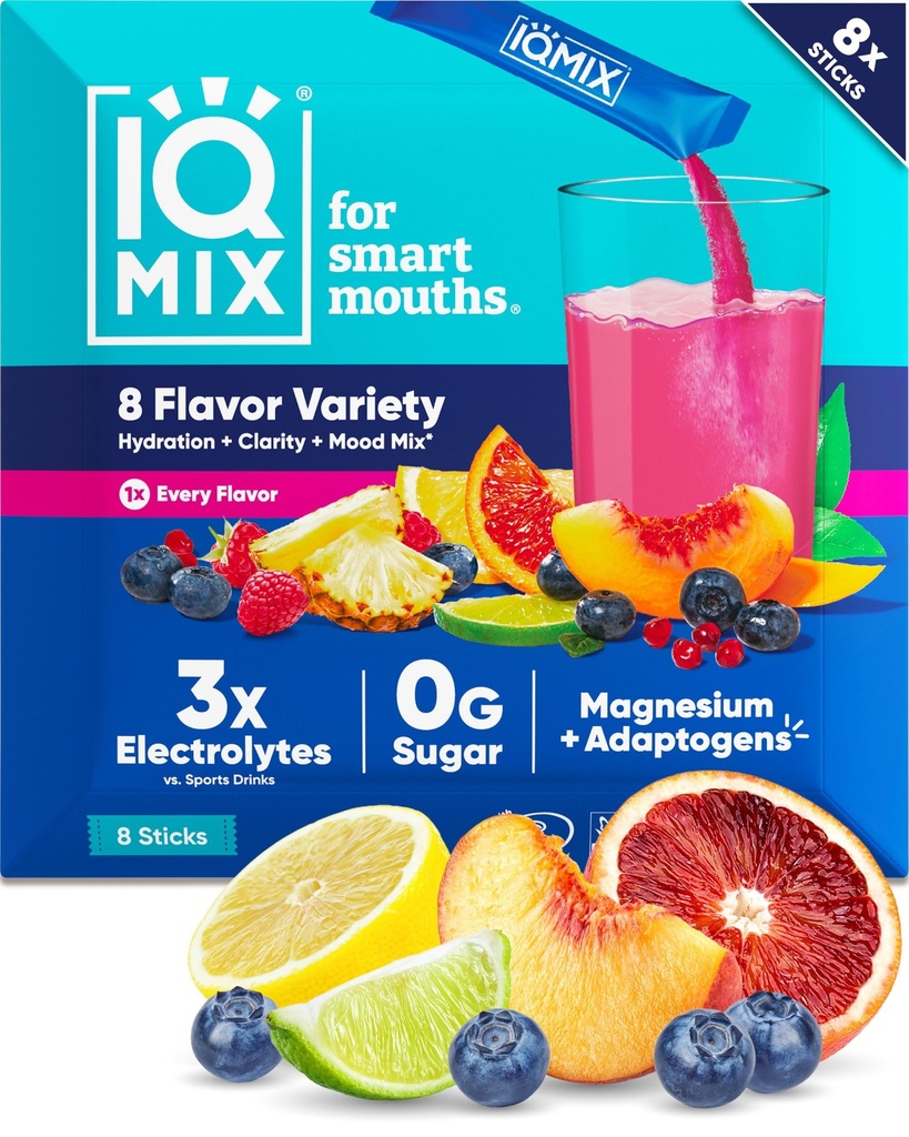 IQMIX Hidracija Elektrolitni prašek - 4-v-1 Formula za hidracijo, mentalno jasnost, razpoloženje in regeneracijo - brez sladkorja, Keto Drink Mešamo z magnezijevim L-treonatom in levjo grivo - 8-Count vzorčevalnik (vse arome)
