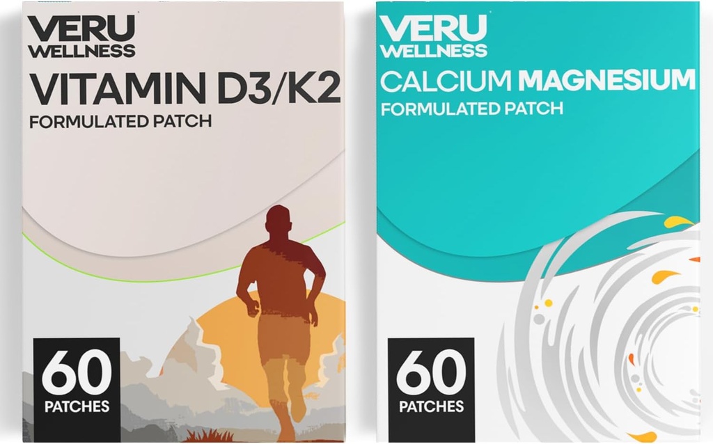 Zdravje kosti Popoln Duo Lifestyle Patches Vita D3/K2, Kalcij Magnezij - Self Adhesive Time Release Topical Patch, 8-10 Ure (60 dnevna dobava)