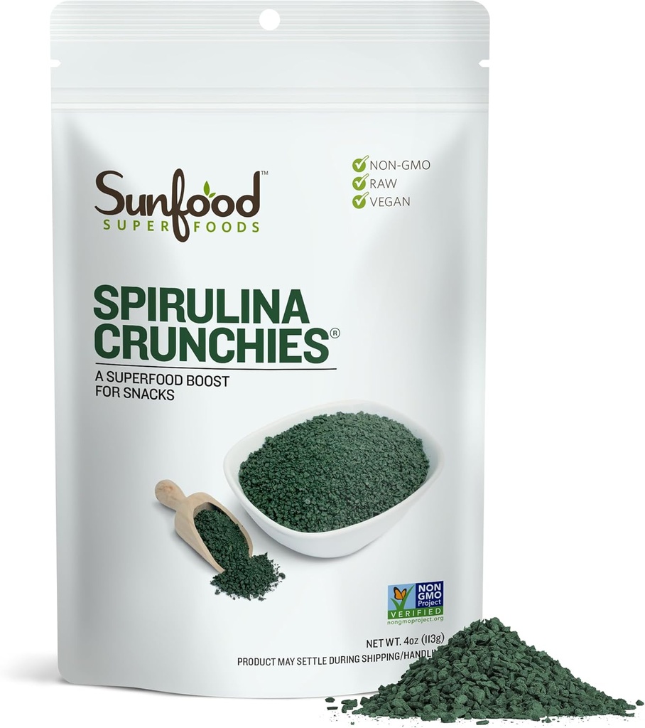 Sunfood Superfoods Spirulina Crunchies - Blue Green Algae, Spirulina tablete, klorofil energije bitov iz posušenega prahu, Raw Vegan Algae dodatek, Non-GMO - 4 oz Bag