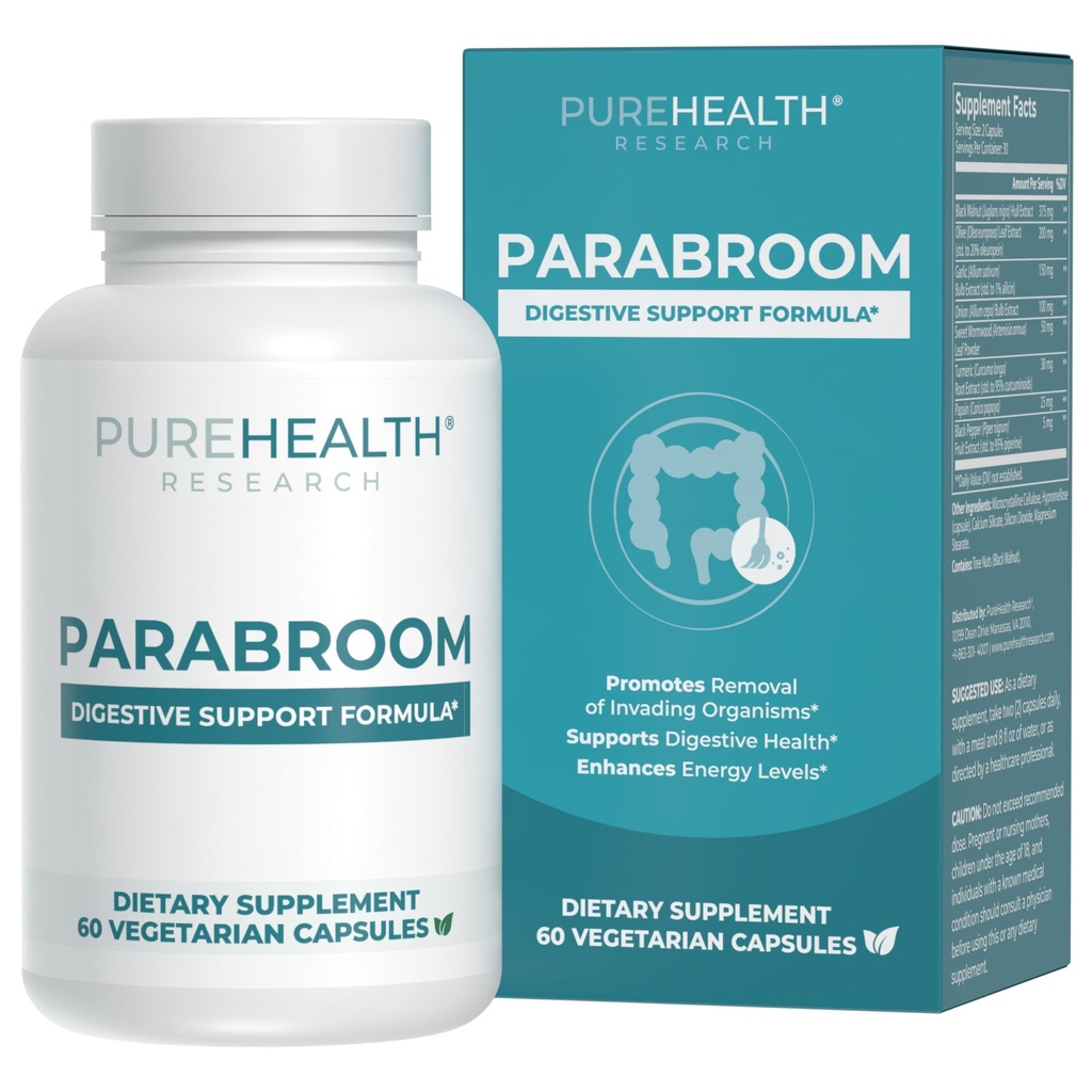 PUREHEALTH RAZISKOVALNI parabroom - Gut Cleanse & Health Supplement - s črnim oreščkom, Sweet Wormwood Powder, Kurkuma Extract, Olive Leaf, Česen & Čebula - Prebavna podpora za ženske & moške 60 kapsul