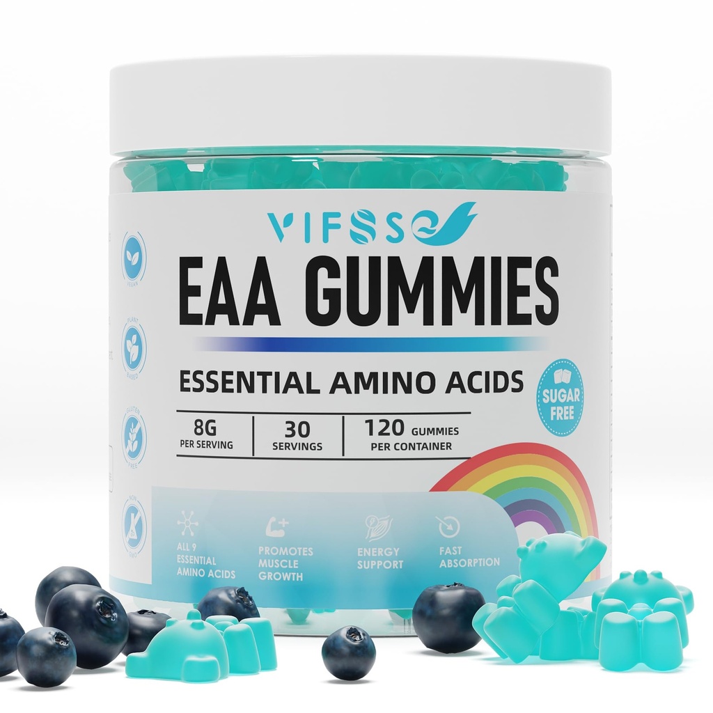 EAA Gummies 120 Gummies (modra malina), Essential Aminokisline - vseh 9 Essential Aminos (EAA) in vse razvejane Chain Aminos (BCAA), Non-GMO, Gluten Free, vegetarijansko prijazno