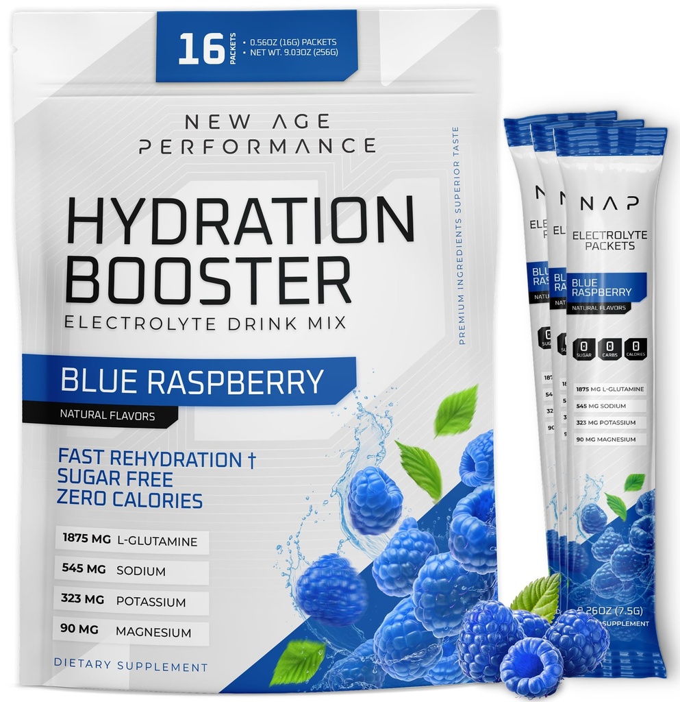 Nova starost zmogljivosti Hydration Packets, Elektrolitis Powder Liquid Izboljšava za dehidracijo Relief, L-glutamin Aminokisline za obnovo mišičnega dela, sladkor brez & 0 Calorie, 16 Pack (modra malina)
