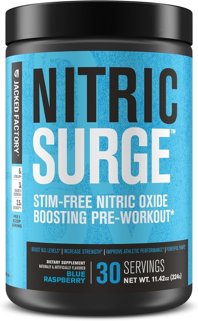 Jacked Factory Nitric Surge Stim Free Pre Workout Powder - Kofein-free dušikov oksid Dodatek w/Con-Cret Creatine, L Citrulin, & GlycerSize Glicerol - Modra malina, 30 Servis