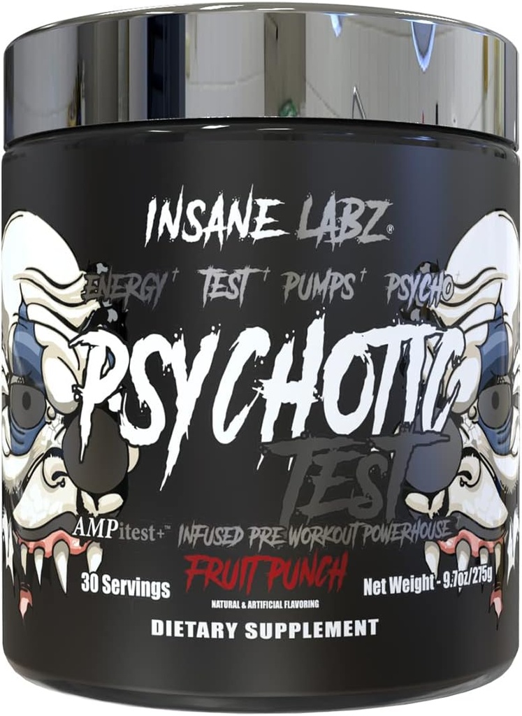 Insane Labz Psychotic Test, High Stim Testosteron Energy and Pump povečanje pred-workout prašek z DMAE Bitartrate, D Aspartična kislina, Kreatin HCL in Glicerol Monostearat, 30 Servis, Sadni Punch