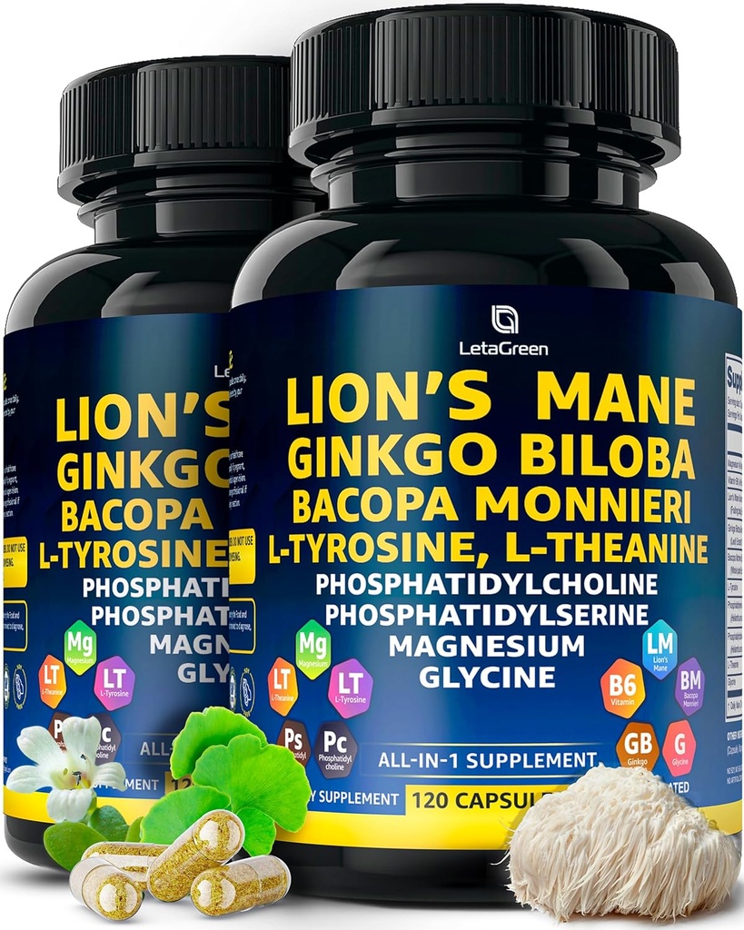 Kapsule Ekološkega leva Mane - 240 Kapsule Prave gobe Levje Kapsule z Ginkgo Biloba Herb, Bacopa Monnieri, L Theanine, L Tirozin - Kompleks gob za dnevno wellness