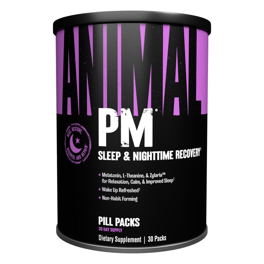 Animal PM - Pomoč za spanje za odrasle Nenavadno oblikovanje Relaksacija Povečevalec in Mood Podpora z Melatonin, L-Theanin, Zilarija, cink, magnezij, vitamin B6, GABA + AKG Anabolic Stack Supply, 30 Count