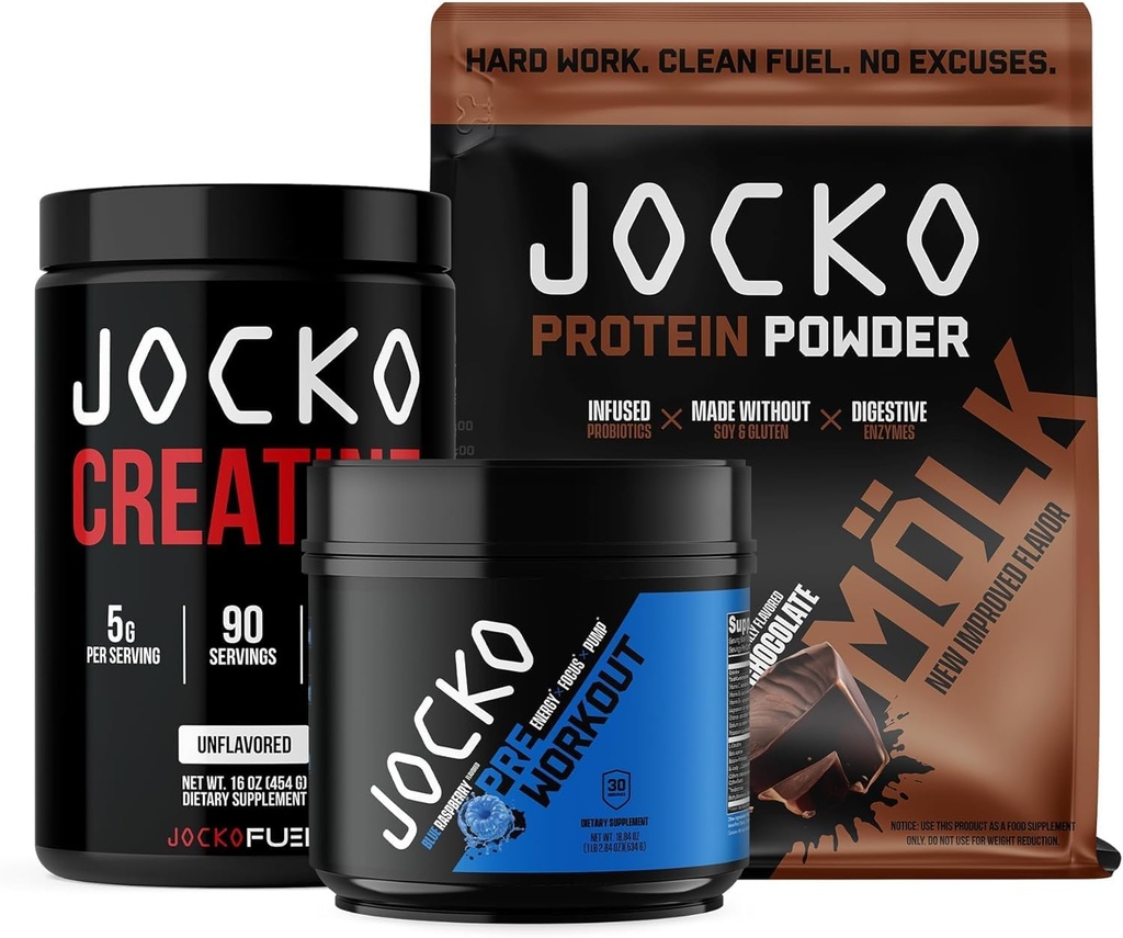 Jocko Fuel 3 Pack Gym Bundele - Kreatin, Čokolada MOLK, & Modra malina Pred vadbo