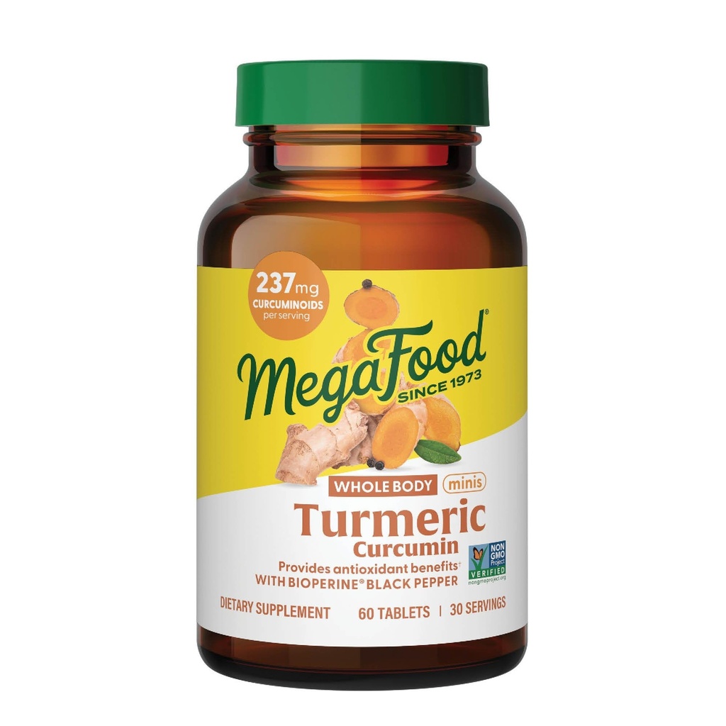 MegaFood Celo telo Minis Kurkumin dodatek - Kurkumin dodatek s črnim poprom - 237 mg kurkuminoidi na služijo - Antioksidant in imunske podpore - Vegan - 60 Mini tablete, 30 Servinges